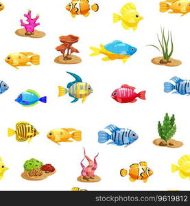 Seamless pattern Tropical fishes, shells, seaweed cartoon style. Cute funny underwater characters vector illustration, fabric, paper print, background, textile. Seamless pattern Tropical fishes, shells seaweed cartoon style. Cute funny underwater characters