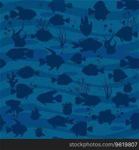 Seamless pattern Tropical fishes, shells, seaweed silhouette style. Cute funny underwater characters vector illustration, fabric, paper print, background, textile. Seamless pattern Tropical fishes, shells seaweed silhouette style. Cute funny underwater characters