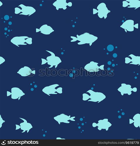 Seamless pattern Tropical fishes silhouette style. Cute funny underwater characters vector illustration, fabric, paper print, background, textile. Seamless pattern Tropical fishes silhouette style. Cute funny underwater characters