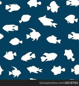 Seamless pattern Tropical fishes silhouette style. Cute funny underwater characters vector illustration, fabric, paper print, background, textile. Seamless pattern Tropical fishes silhouette style. Cute funny underwater characters