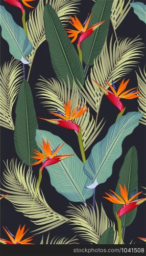 Seamless pattern tropical leaves with bird of paradise on black background