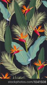 Seamless pattern tropical leaves with bird of paradise on black background