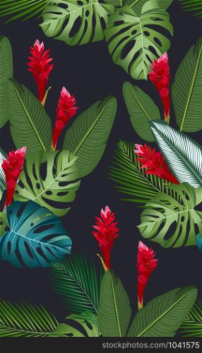 Seamless pattern tropical leaves with ginger flower on black background