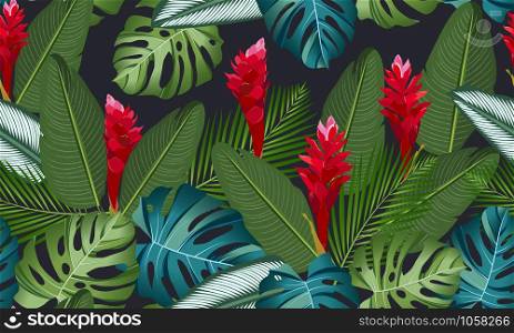Seamless pattern tropical leaves with ginger flower on black background