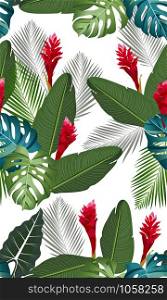 Seamless pattern tropical leaves with ginger flower on white background