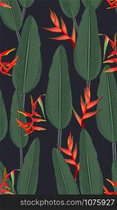 Seamless pattern tropical leaves with heliconia on black background