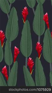 Seamless pattern tropical leaves with red ginger on black background