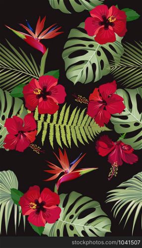Seamless pattern tropical leaves with red hibiscus flower and bird of paradise on black background