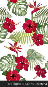 Seamless pattern tropical leaves with red hibiscus flower and bird of paradise on white background