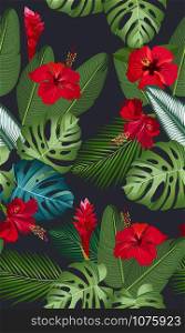 Seamless pattern tropical leaves with red hibiscus flower and ginger flower on black background