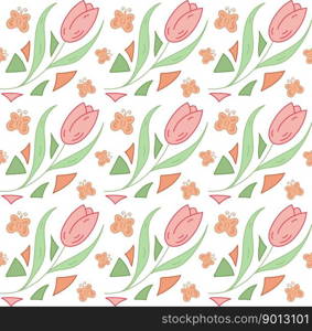 Seamless pattern tulip, butterfly, triangle. Spring geometric vector pattern red, green color. Design for background, card, poster, coves, scrapbooking, textile, fabric, gift paper, banners, notebook.. Seamless pattern tulip, butterfly, triangle. Spring geometric vector pattern red, green color.