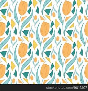 Seamless pattern tulip, triangle. Spring geometric vector pattern orenge, yellow, green color. Design for background, card, poster, coves, scrapbooking, textile, fabric, gift paper, banners, notebook.. Seamless pattern tulip, triangle. Spring geometric vector pattern orenge, yellow, green color.