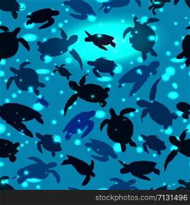 Seamless pattern.Turtle swims in the ocean against the background of the sun.. World Turtle Day 23 May background. Turtle swims in the ocean against the background of the sun. Seamless pattern.