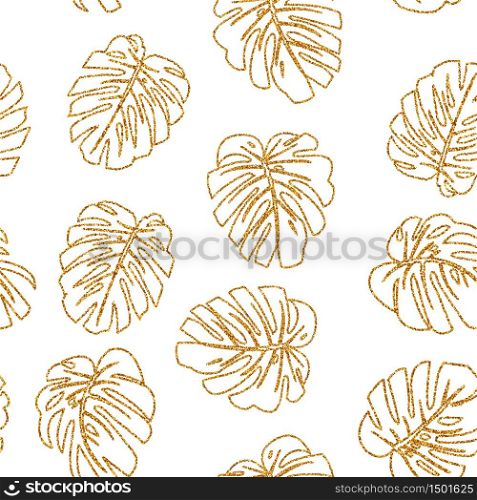 Seamless pattern. Vector illustration. Glitter texture gold tropical line leaf monstera on white background.. Seamless pattern. Glitter texture gold tropical line leaf monstera on white background.