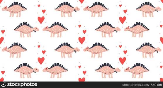 Seamless pattern. Vector illustration. Nursery cute print with dinosaurs and hearts. Happy Valentine&rsquo;s day. 14 February. Pink, red, dark blue.. Seamless pattern. Nursery cute print with dinosaurs and hearts. Happy Valentine&rsquo;s day. 14 February. Pink, red, dark blue.
