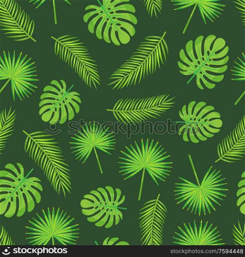 Seamless pattern vector, monstera leaves and palm tree branches. Tropics foliage and frontage, exotic decoration on green background, jungle flora. Monstera and Palm Tree Leaves and Branches Pattern