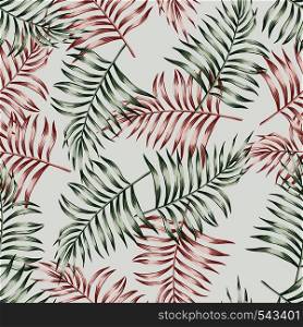 Seamless pattern wallpaper of exotic tropical palm leaves. Vector illustration on gray background