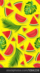 Seamless pattern watermelons with tropical leaf, slice of watermelon vector illustration on yellow background, Tropical fruit pattern summer style
