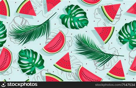 Seamless pattern watermelons with tropical leaf, slice of watermelon vector illustration on blue background, Tropical fruit pattern summer style