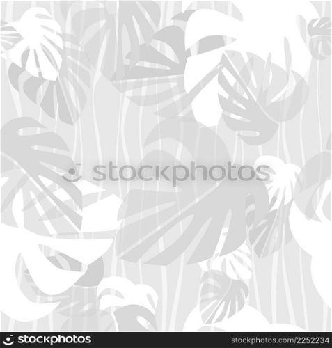 Seamless pattern. White and grey tropical leaves on light vintage backround. Vector graphic illustration.