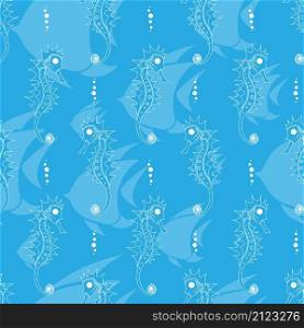 Seamless pattern. White contour seahorse, blue fish and bubbles on blue backround. Vector illustration.