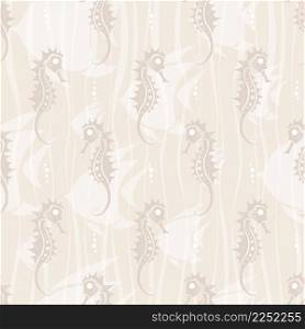 Seamless pattern. White contour seahorse, white fish and bubbles on beige backround. Vector illustration.