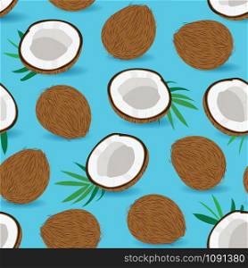 Seamless pattern whole coconut and piece on blue background, Vector illustration