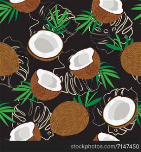 Seamless pattern whole coconut and piece with monstera leaves on black background, Vector illustration