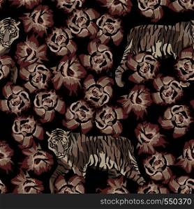 Seamless pattern wild animal chinese tiger with rose black background. Vector summer illustration