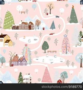 Seamless pattern Winter, Christmas landscape in the town with pine tree,fairy tale house,car,polar bear playing ice skate,Vector cute cartoon design Village on Christmas eve,New year 2024 background