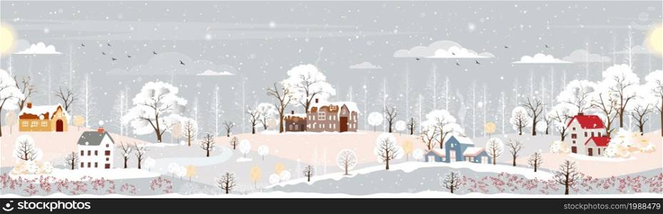Seamless pattern Winter landscape at night in countryside background,Vector endless horizontal banner winter wonderland with house and forest pine tree,Backdrop for Celebrating Christmas and New Year