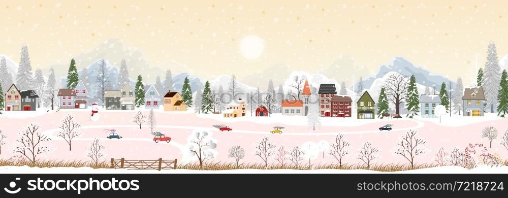 Seamless pattern Winter landscape at night in countryside background,Vector endless horizontal banner winter wonderland with house and forest pine tree,Backdrop for Celebrating Christmas and New Year