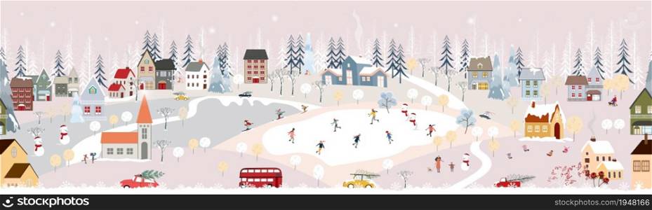 Seamless pattern Winter landscape,Celebrating Christmas and new Year 2022 in village at night with happy people playing ice skate in the park,Vector horizontal banner winter wonderland in countryside