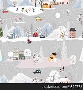 Seamless pattern Winter landscape in small town with people celebrating, Vector cute winter wonderland in the village with happy people playing ice skate in the park.