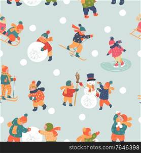 Seamless pattern. Winter season background kids characters. Flat vector illustration. Winter outdoor activities. Children go sledding, skating and skiing. Children make a snowman and play snowballs. Children have fun. . Seamless pattern. Winter season background kids characters. Flat vector illustration. Winter outdoor activities. Children have fun.