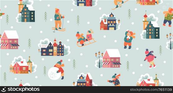 Seamless pattern. Winter season background kids characters. Flat vector illustration. Winter outdoor activities. Children go sledding, skating and skiing. Children make a snowman and play snowballs. Children have fun. . Seamless pattern. Snowy day in cozy christmas town. Winter christmas village day landscape. Children play outside in winter. Vector illustration, greeting card.