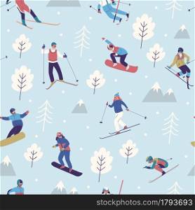 Seamless pattern winter sports. Snowboarders and skiers people, snowy mountains and trees, professional athletes track blue background. Decor textile, wrapping paper wallpaper, vector print or fabric. Seamless pattern winter sports. Snowboarders and skiers people, snowy mountains and trees, professional athletes track background. Decor textile, wrapping paper wallpaper. Vector print or fabric