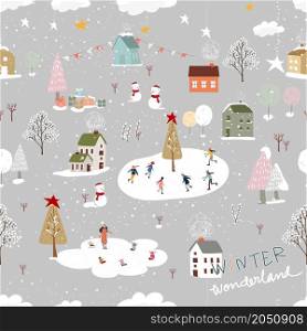 Seamless pattern Winter wonderland landscape in village,Vector Happy kid playing ice skates in the park, Endless Winter city nightlife on holiday for Christmas and new year 2022 background