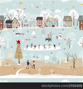 Seamless pattern Winter wonderland landscape in village,Vector Happy kid playing ice skates in the park, Endless Winter city nightlife on holiday for Christmas and new year 2023 background