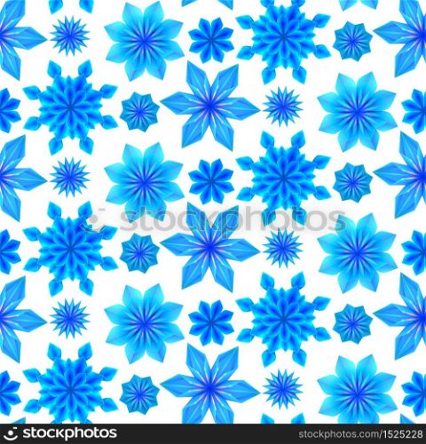 Seamless pattern with 3d blue origami snowflakes on a white background. Vector texture for gift wrapping, wallpaper and your creativity. Seamless pattern with 3d blue origami snowflakes on a white background. Vector texture