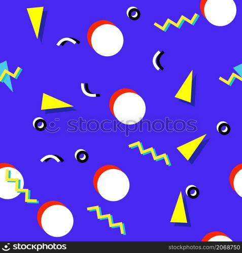 Seamless pattern with 80s memphis style modern geometric repeating ornament of weird colorful messy shapes