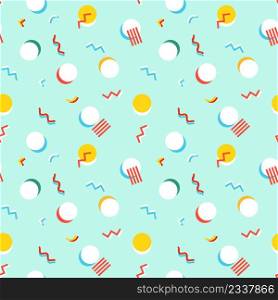 Seamless pattern with 80s memphis style modern geometric repeating ornament of weird colorful messy shapes