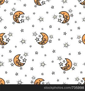 Seamless pattern with a cute moon and stars on white background. Good night vector illustration