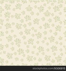 Seamless pattern with a green outline of a maple leaf on a beige background. For textiles, packaging, wallpaper. Vector illustration