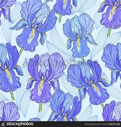 Seamless pattern with a hand drawn blue iris