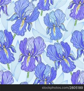 Seamless pattern with a hand drawn blue iris