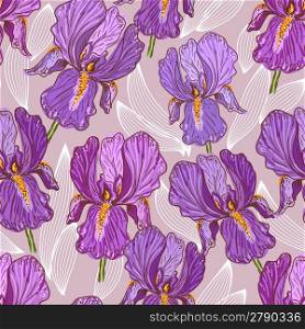 Seamless pattern with a hand drawn purple iris