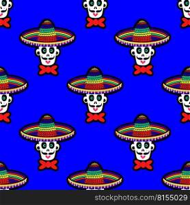 Seamless pattern with a skull in a sombrero hat. A pattern with sugar skulls.. Background for Halloween and the Day of the Dead. Vector illustration. Seamless pattern with a skull in a sombrero hat