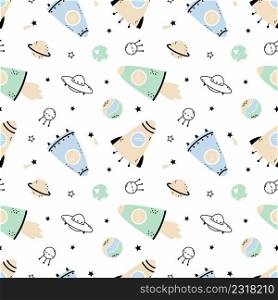 Seamless pattern with a space rocket and planets. The starry sky. Background for sewing children’s clothing.