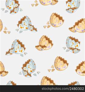 Seamless pattern with a split dinosaur eggs and crack shells in cartoon style isolated on gray background. Vector illustration. For print, design, wallpaper, decor, textile, packaging, kids apparel. Seamless pattern tyrannosaurus cub sitting in egg vector
